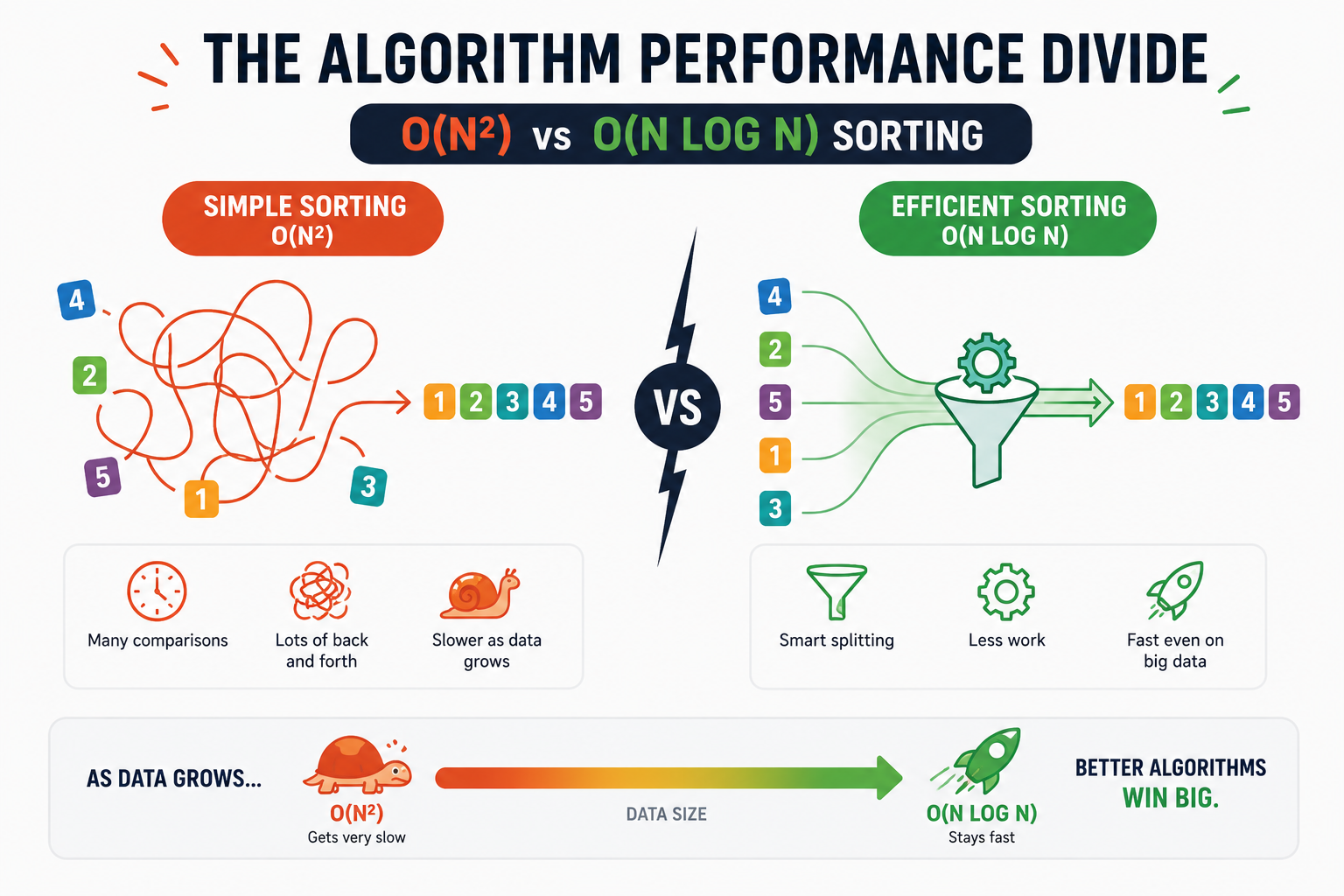 O(N squared) simple sorting versus O(N log N) efficient sorting — as data grows, better algorithms win