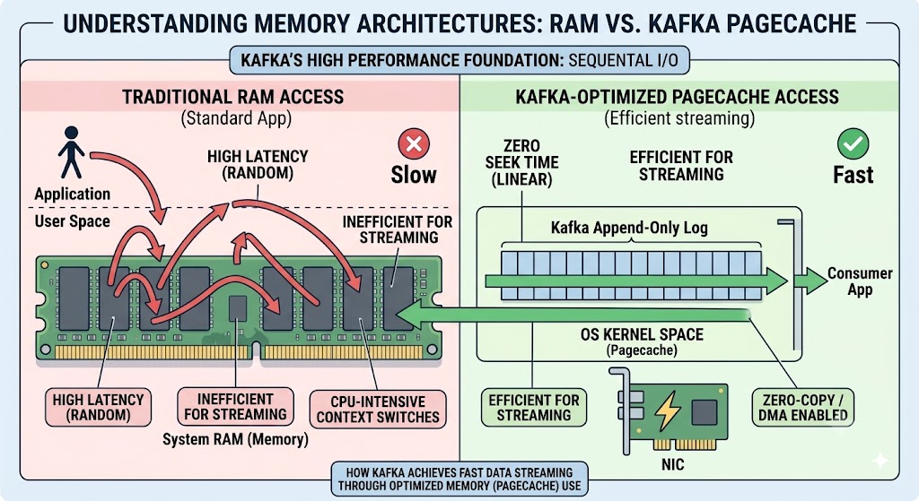Traditional random RAM access versus Kafka's linear page-cache access