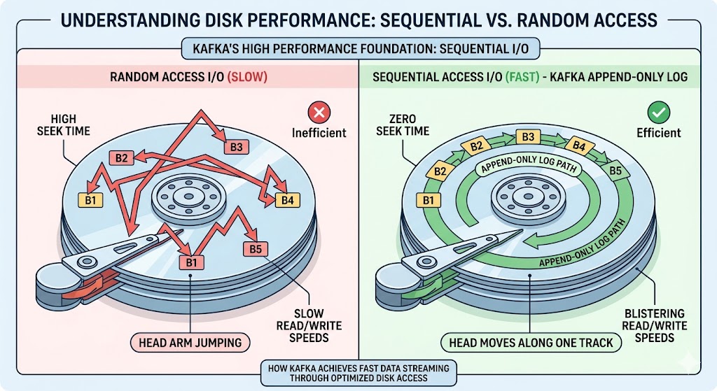 Random access (head jumping, slow) versus sequential append-only access (one track, fast)