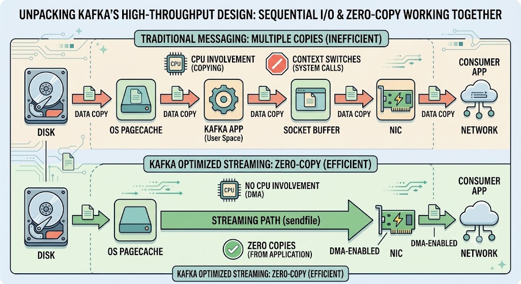 Traditional path with four data copies versus Kafka's single zero-copy sendfile path